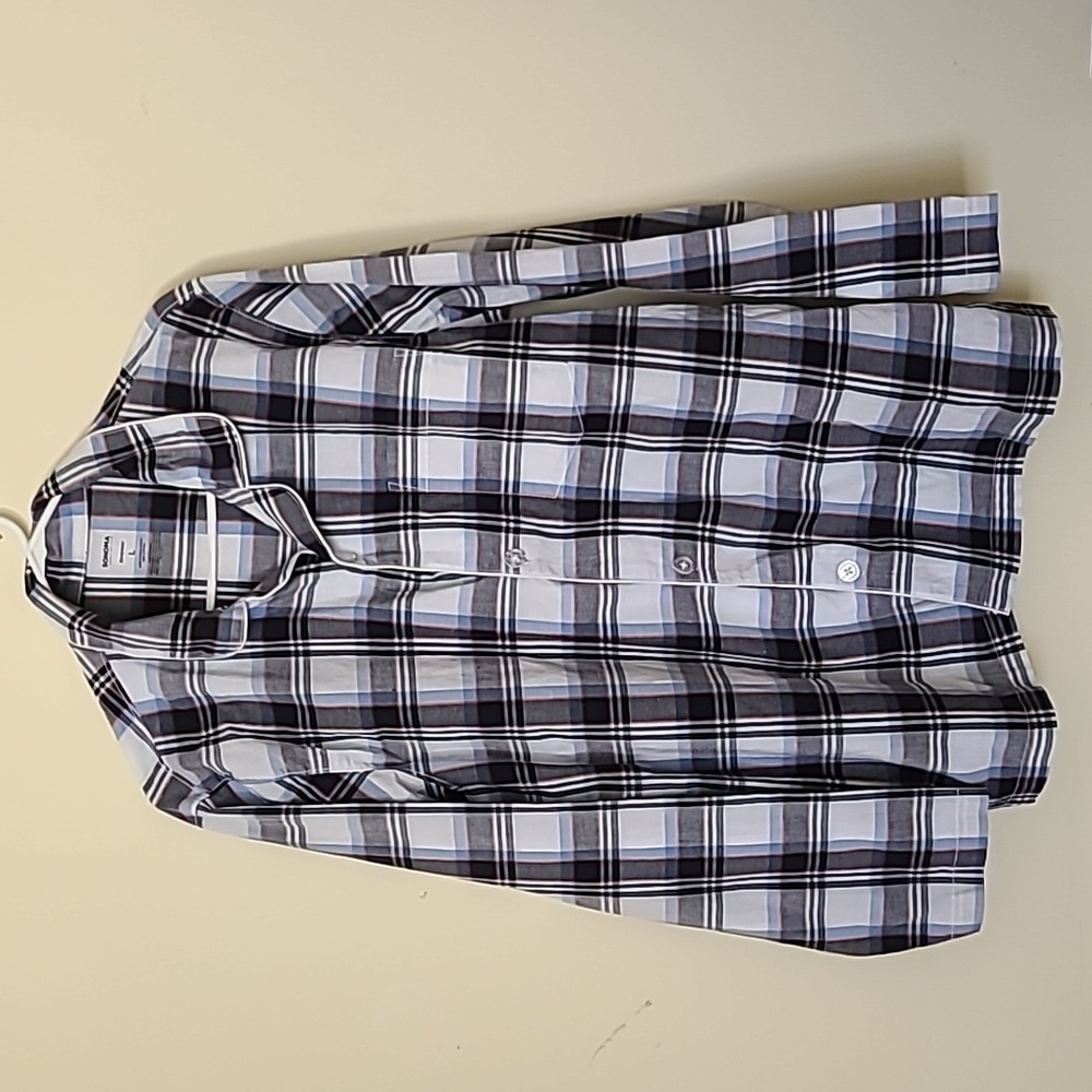 Sonoma Mens Blue/Gray Plaid 100% Cotton Comfort Cool Woven Pajamas Shirt Size L